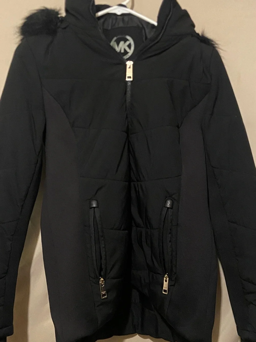 Michael Kors Black Faux-Fur Trim Hooded Puffer Coat